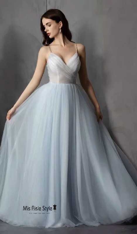 Spaghetti Straps Backless Sky Blue Prom Dress