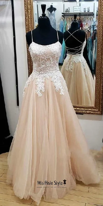 Spaghetti Straps Criss Cross Back Champagne Prom Dress