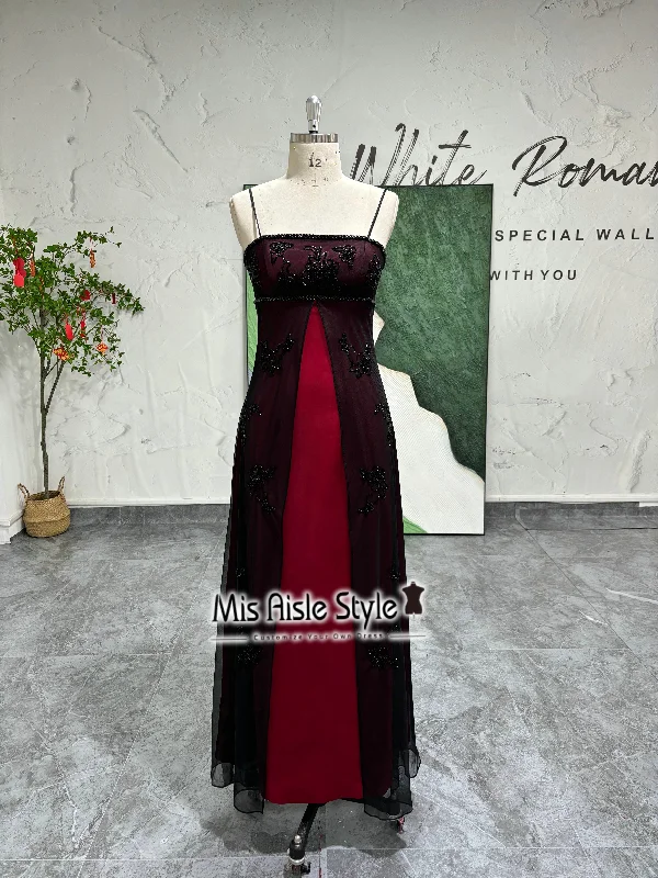 Square Neckline Black and Red Beaded Prom Dress