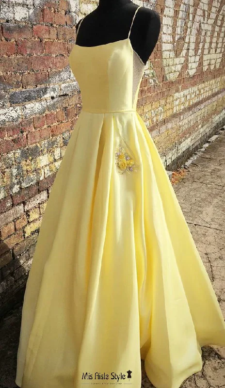 Square Neckline Yellow Prom Dress with Pocket