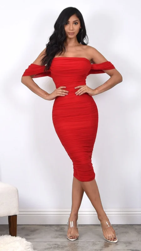 Mesh Off-Shoulder Dress - Red