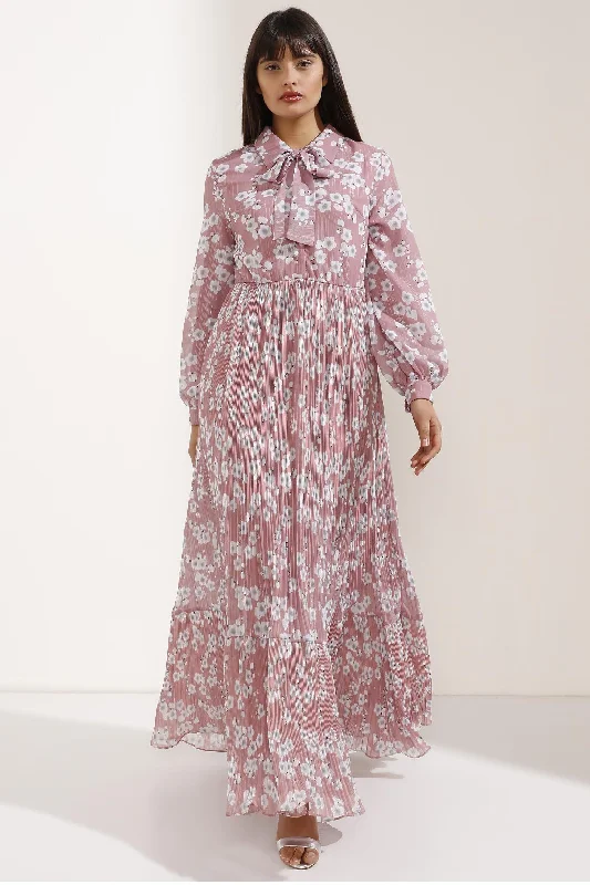 Pale Pink and White Flower Patterned Long Dress