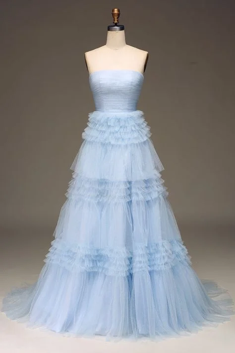 Strapless Slit Light Blue Prom Dress