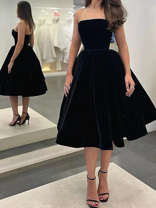 Strapless Tea Length Black Velvet Prom Dresses, Black Velvet Homecoming Dresses, Black Formal Evening Dresses SP2461