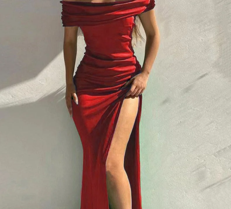 Summer Off Shoulder Elegant Sexy High Slit Evening Dresses Women Solid