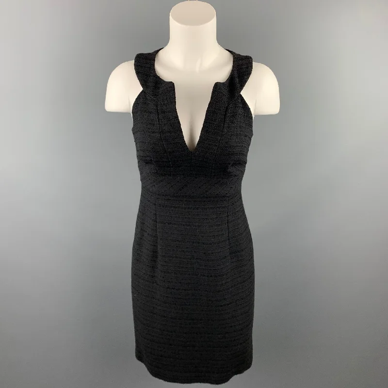 TRINA TURK Size 0 Black Textured Cotton Blend Sleevless V-Neck Dress