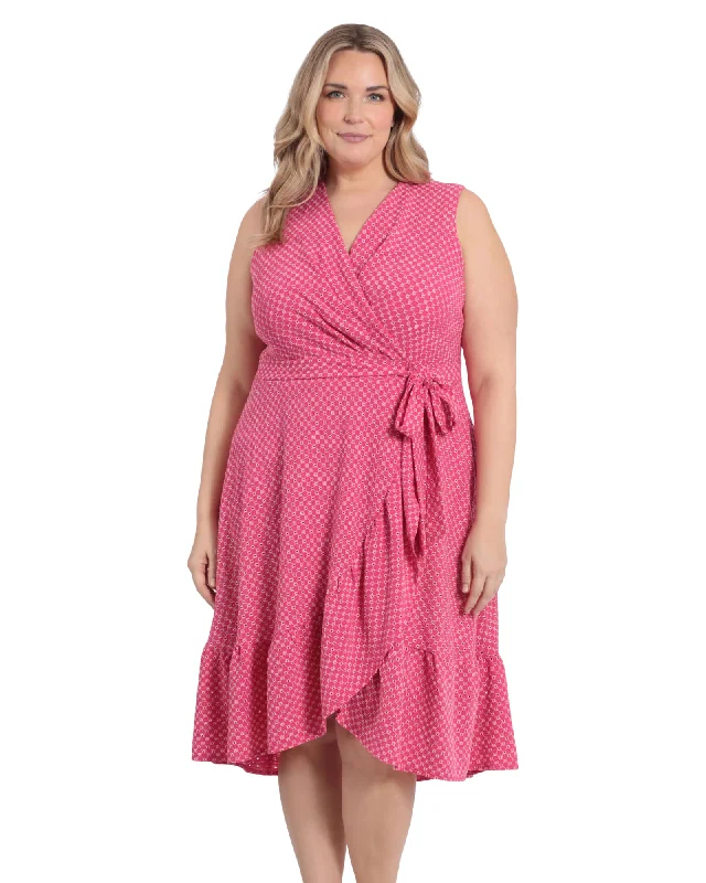 Two tone eyelet side tie ruffle wrap dress | Hot Pink