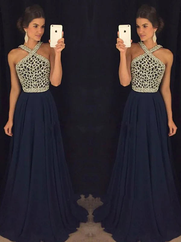 Unique Beaded Dark Blue Prom Dresses, Dark Blue Formal Dresses, Prom Gown