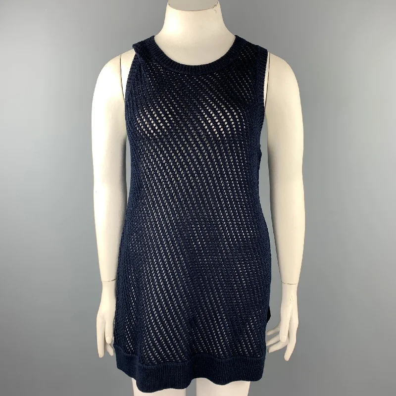 VINCE Size L Navy Crochet Cotton Sleeveless Tunic Dress