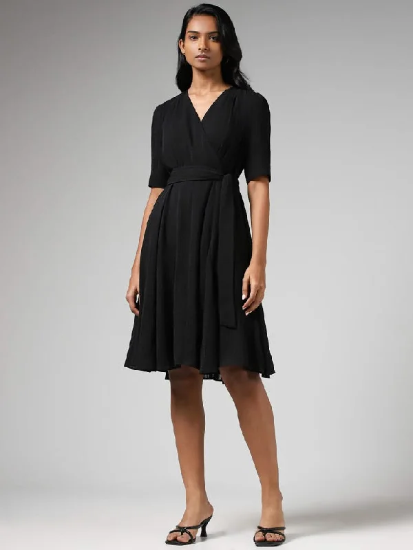 Wardrobe Black Surplice Neck Dress with Belt