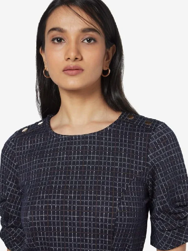 Wardrobe Navy Checkered Glow Dress With Belt