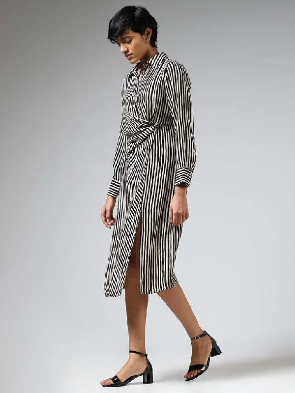 Wardrobe White & Black Striped Draped Detail Dress