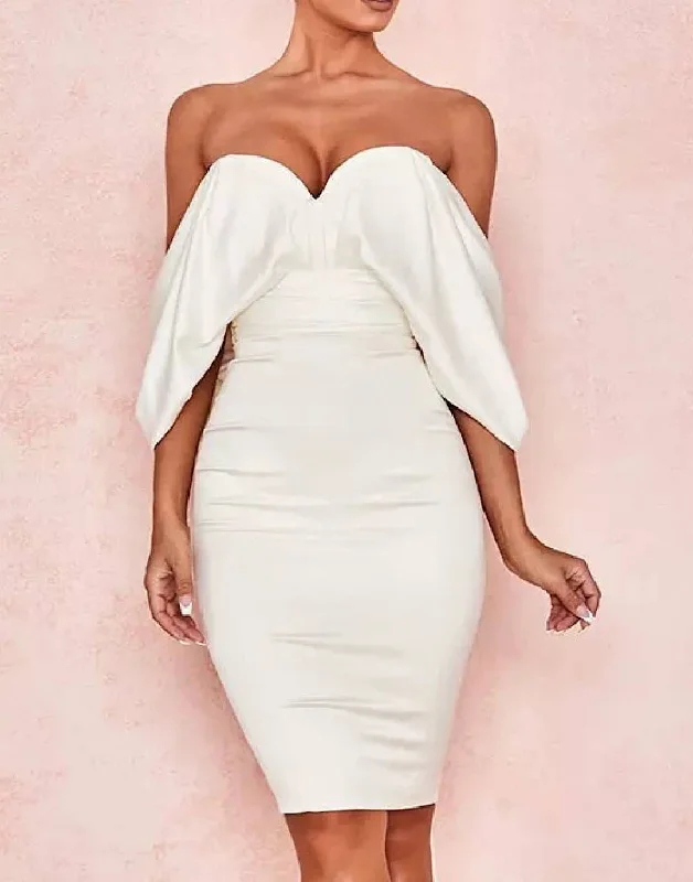 White Drop Shoulder Strapless Dress