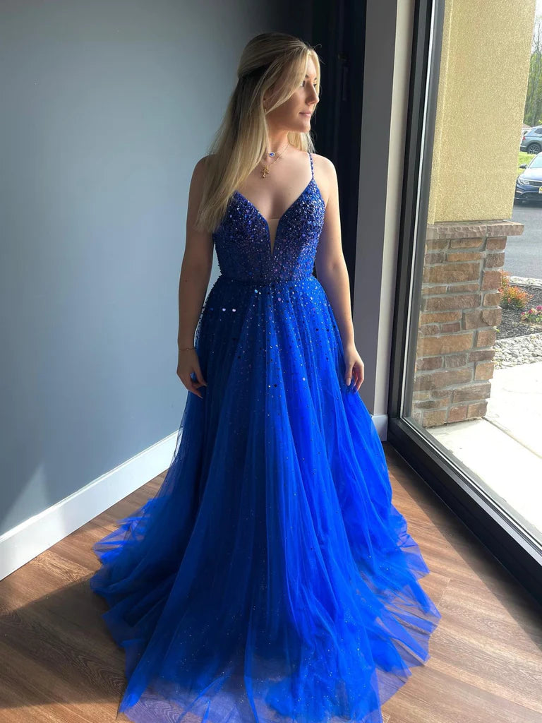 Wholesale V Neck Open Back Beaded Blue Prom Dresses