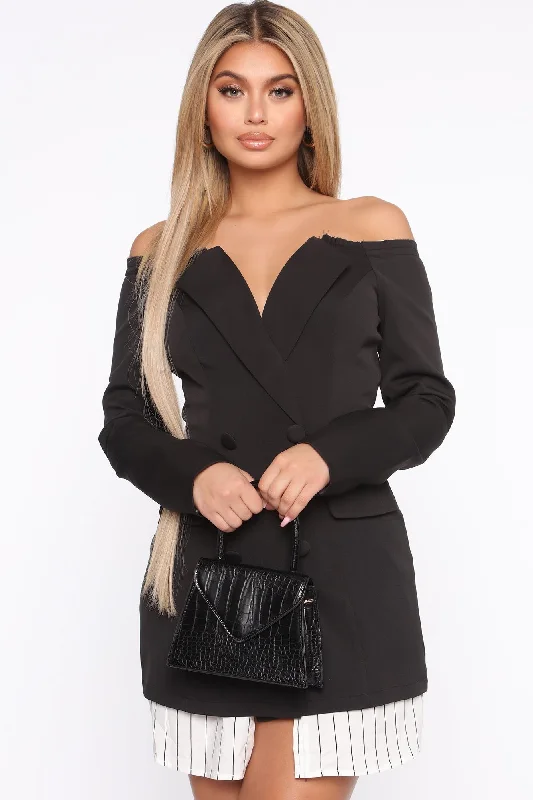 Working Hard Off Shoulder Blazer Dress - Black/White