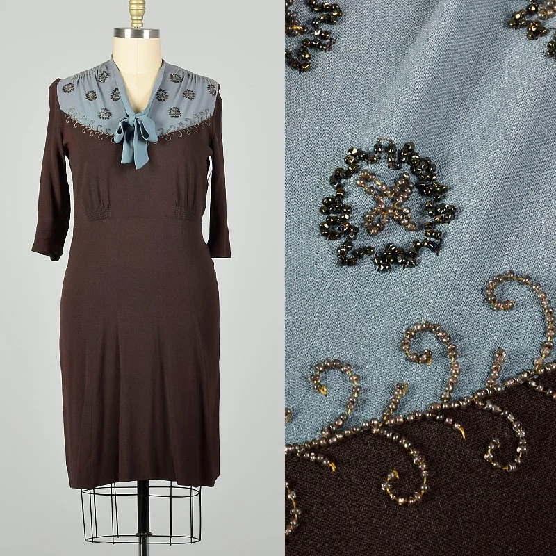 XL 1940s Dress Blue and Brown Volup Rayon with Beading