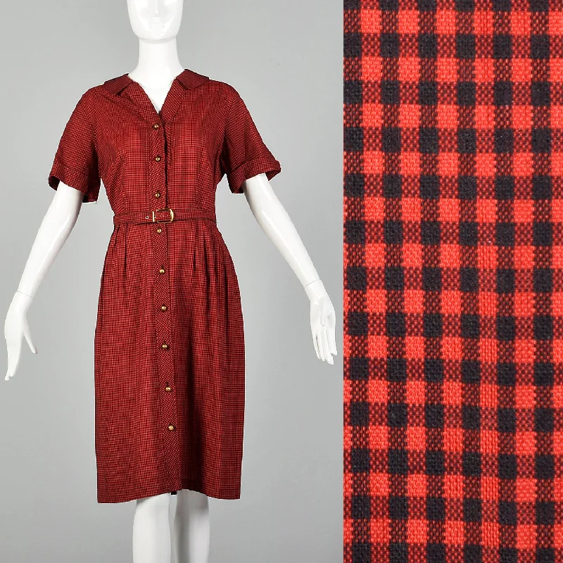 XL 1950s Red and Black Gingham Day Dress