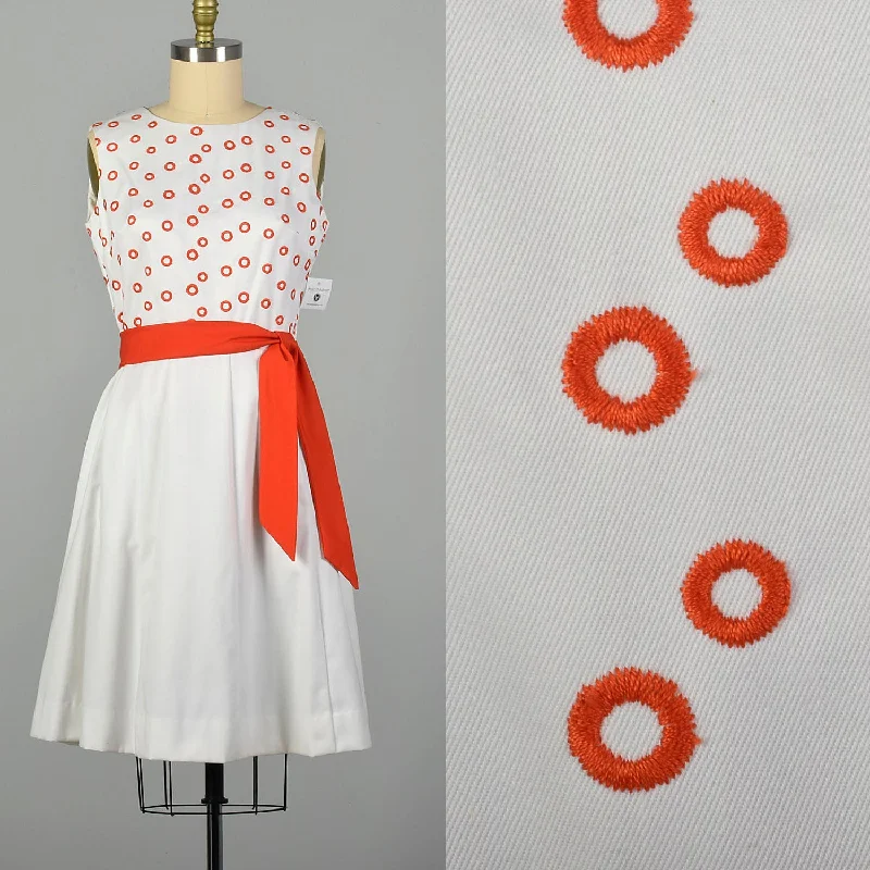 XL 1960s Pat Premo Dress White with Orange Embroidery and Bow