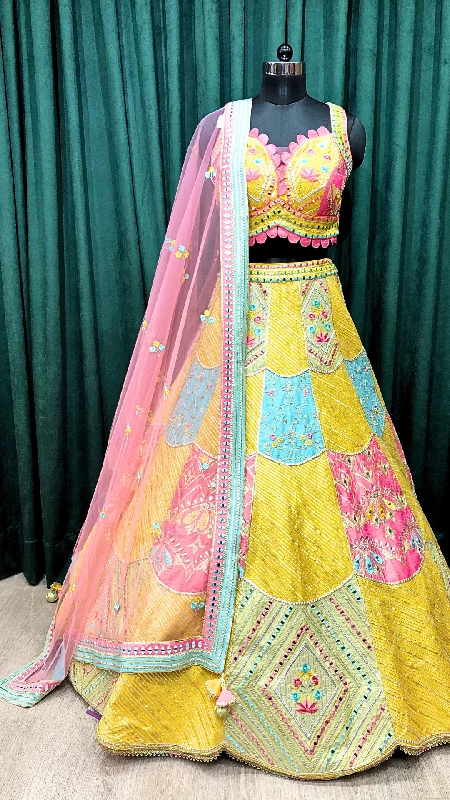 Yellow Silk Lehenga With Zari, Gotapatti And Mirror