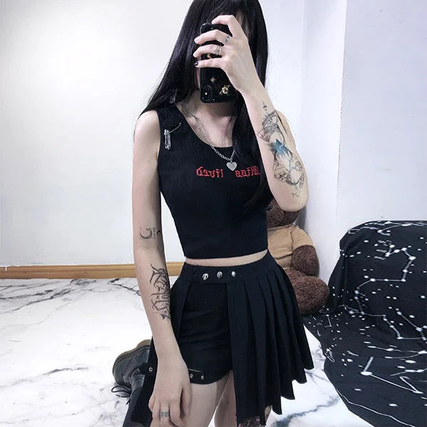 Embroidered short black sling top yv42207