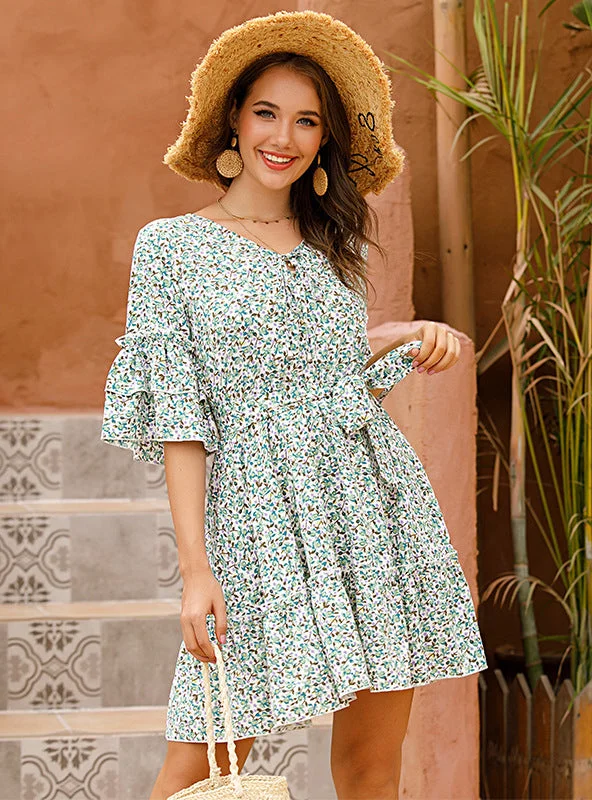 Short Skirt French Floral Trumpet Sleeve Dress