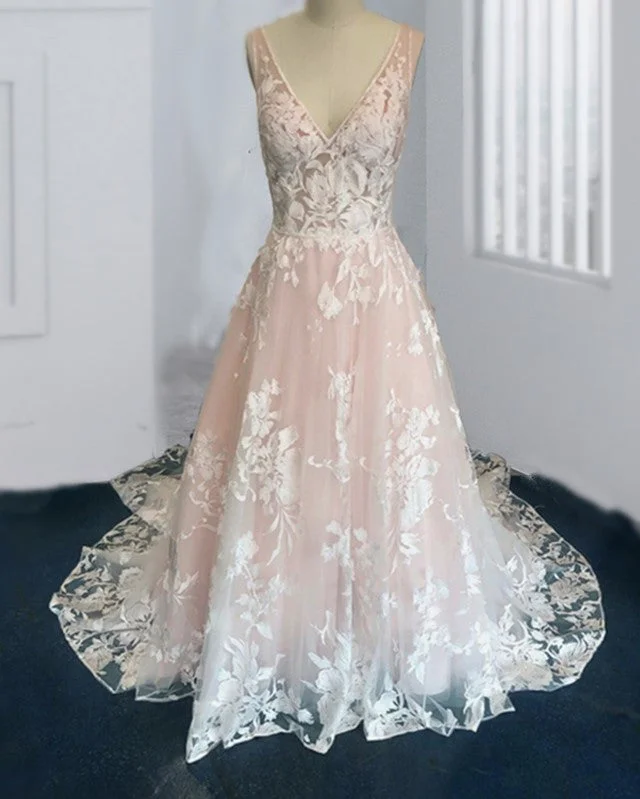 Blush Tulle Wedding Dresses Ivory Lace V Neck