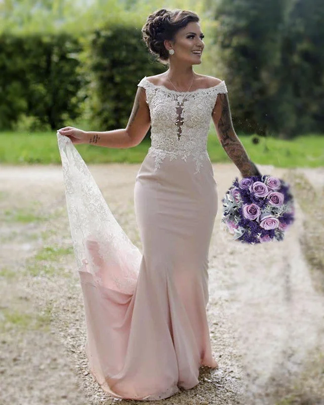 High Neck Mermaid Bridesmaid Dresses Lace Train