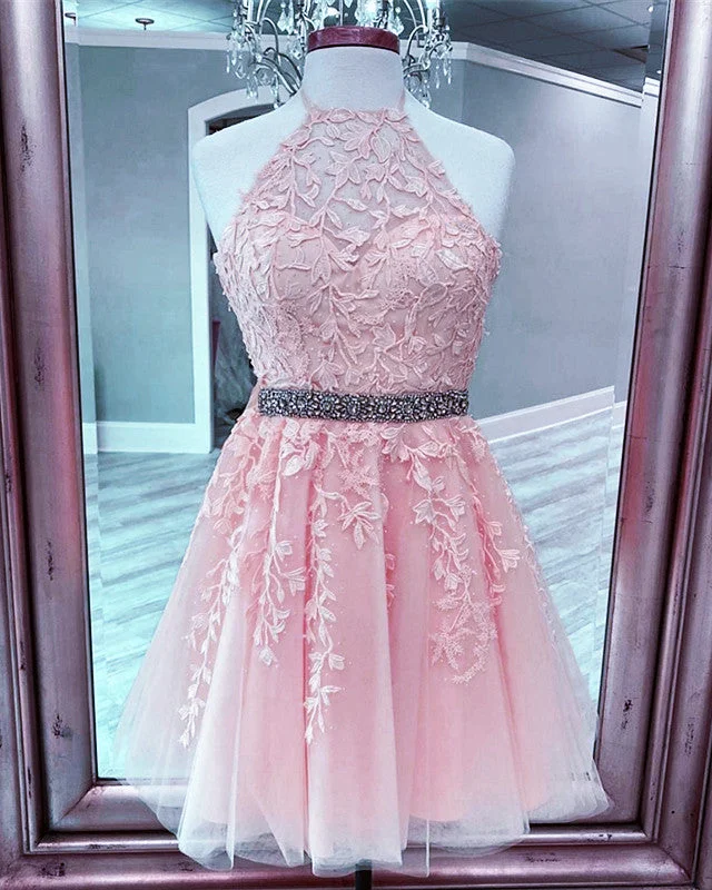 Halter Homecoming Dresses Lace Embroidery Beaded Sashes