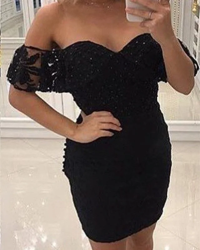 Tight Black Lace Homecoming Dress Off Shoulder