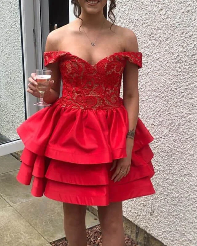 Short Red Ruffles Satin Lace Off The Shoulder Dress