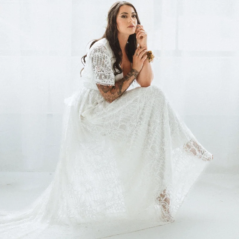 Ivory Wrap lace bohemian wedding dress with pockets and train #1423