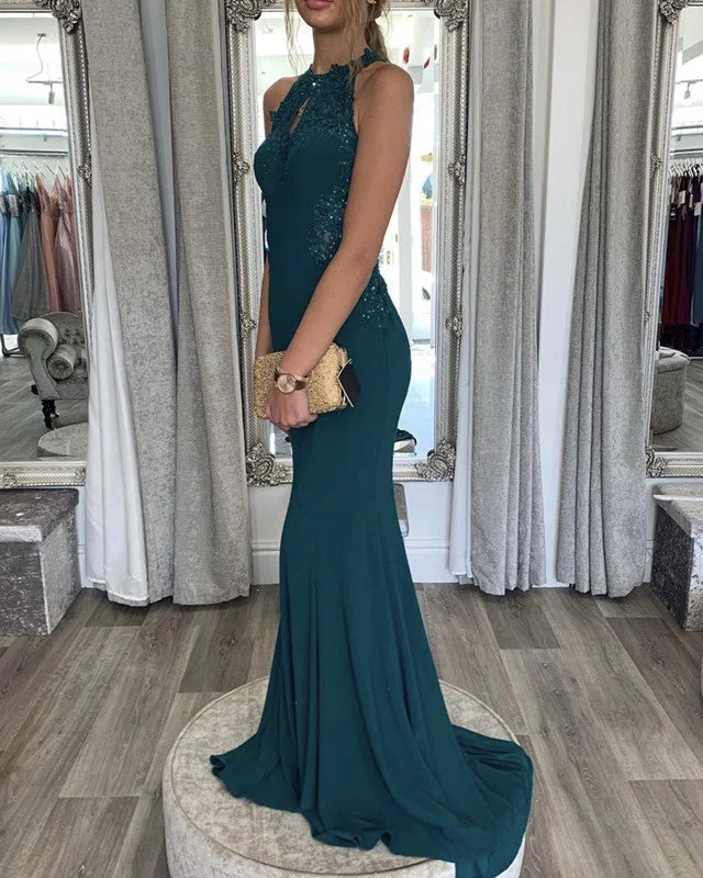 Jersey Mermaid Prom Dresses Halter Neck Lace Appliques