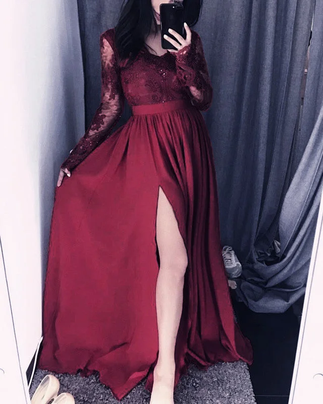 Elegant Lace Long Sleeves V Neck Split Satin Dress