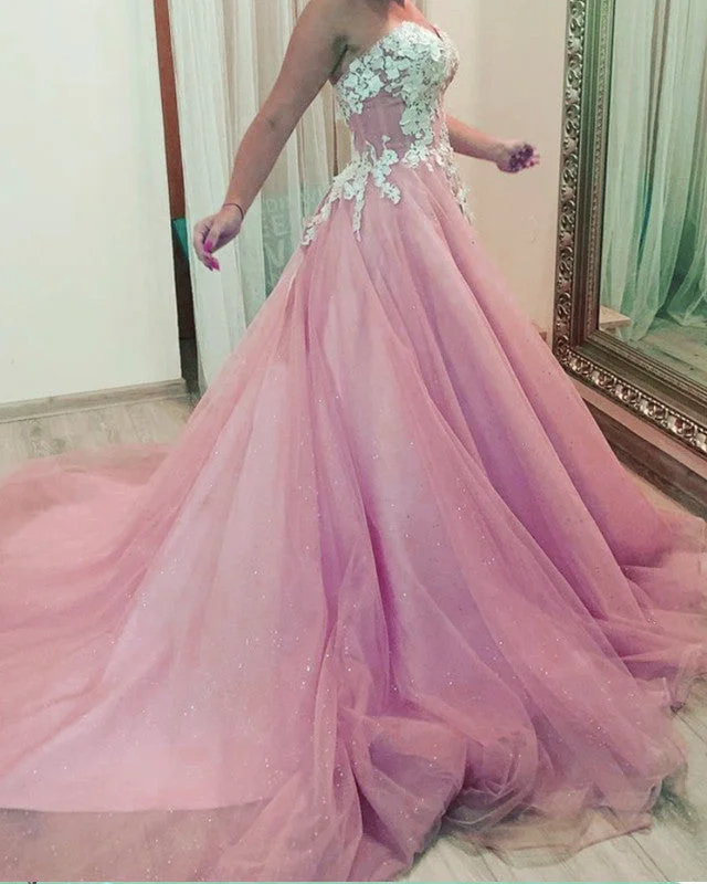 Elegant A-line Prom Dresses Tulle Sweetheart Lace Embroidery