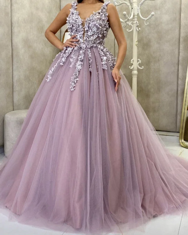 Tulle Prom Dresses Ball Gown V Neck 3D Floral Lace Flowers