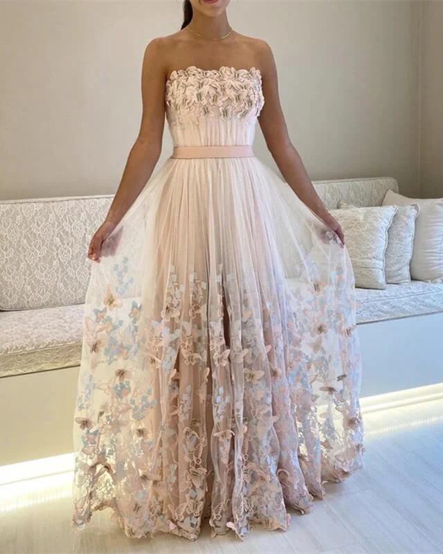 Long Pink Tulle Stapless Dresses With Butterfly Lace