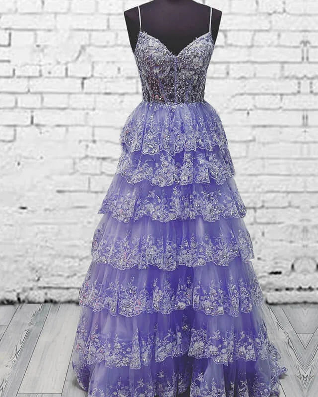 Light Purple V Neck Layered Lace Prom Dress