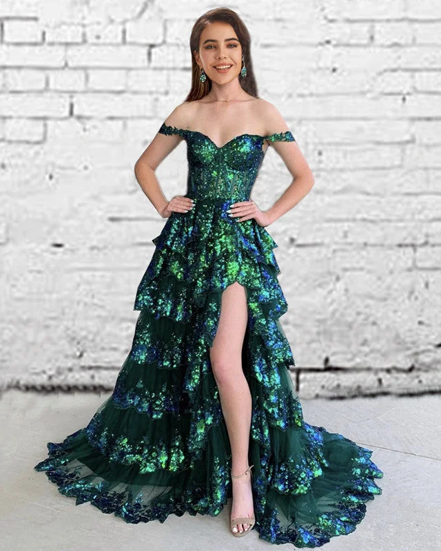 Green Sequin Lace Ruffles Prom Dress