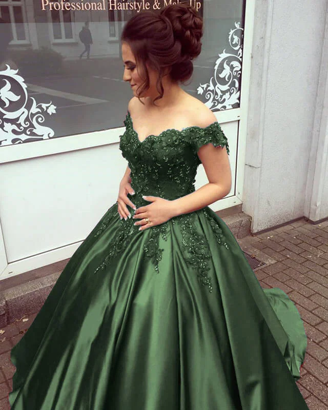 Olive Green Satin Ball Gown With 3D Lace Flowers