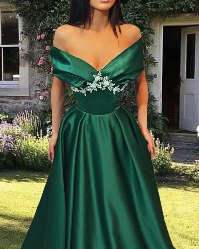 Off The Shoulder Satin Dress With Lace Appliques