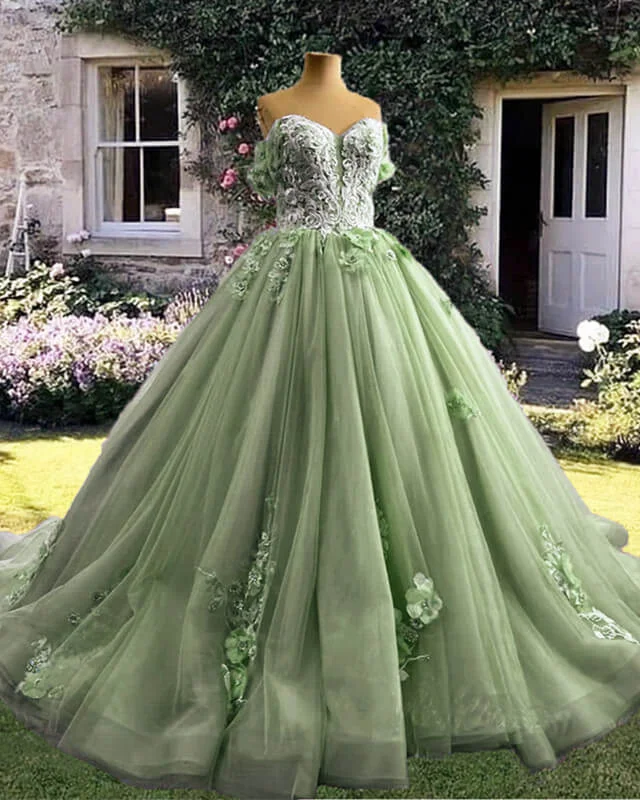 Sage Tulle 3D Lace Flowers Ball Gown Dress