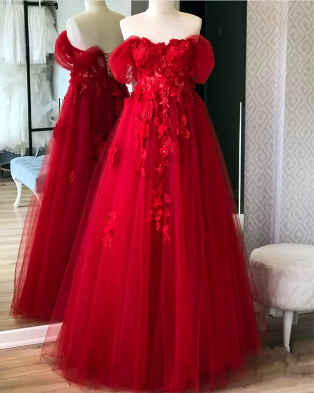 Red Tulle Corset Dress With 3D Lace Flowers