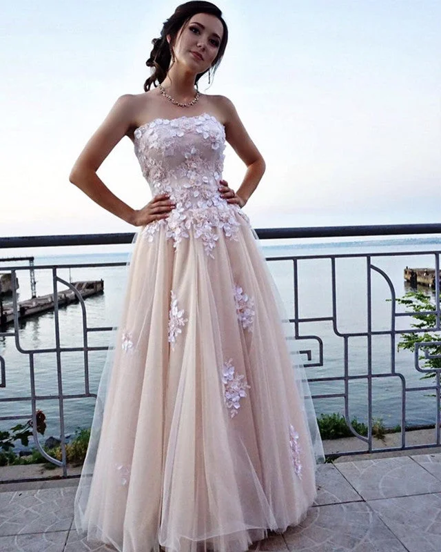 Strapless Corset Tulle Prom Dresses Lace Flowers