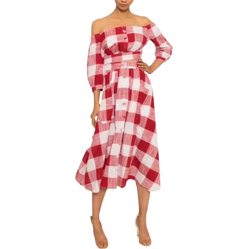 Red Plaid Pleated Off Shoulder Bandage Top And Maxi Skirt With Pockets #Off Shoulder #Plaid