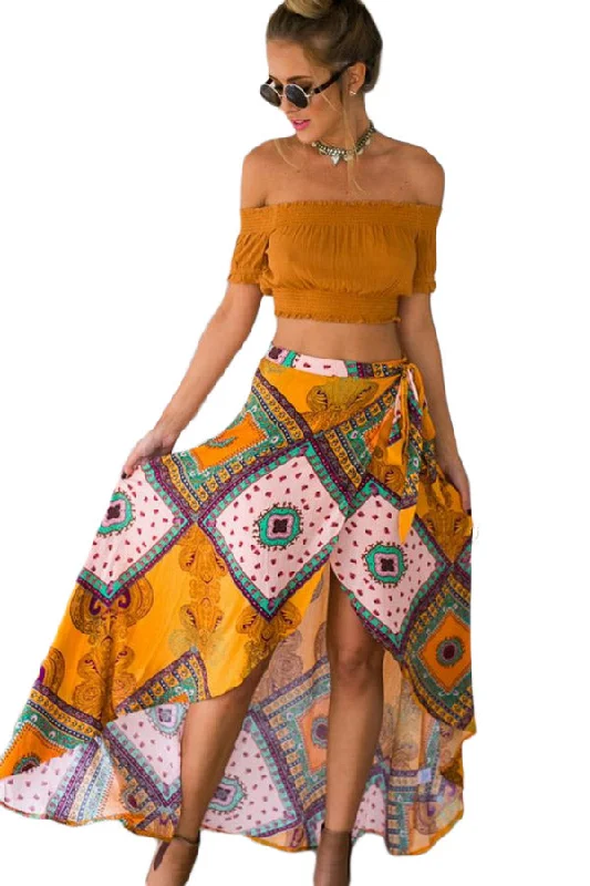 Sexy Boho Dream Tie Waist Tribal Print Asymmetrical Maxi Skirt