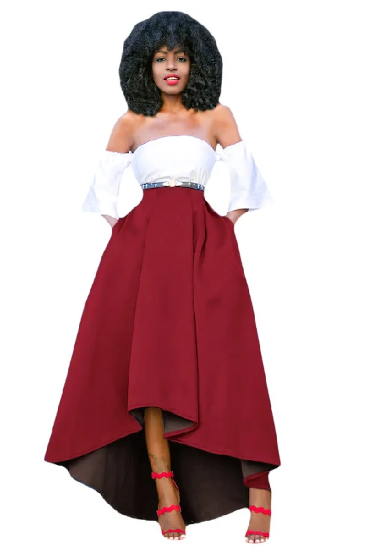 Sexy Burgundy Asymmetric High-Low Hem Maxi Prom Skirt