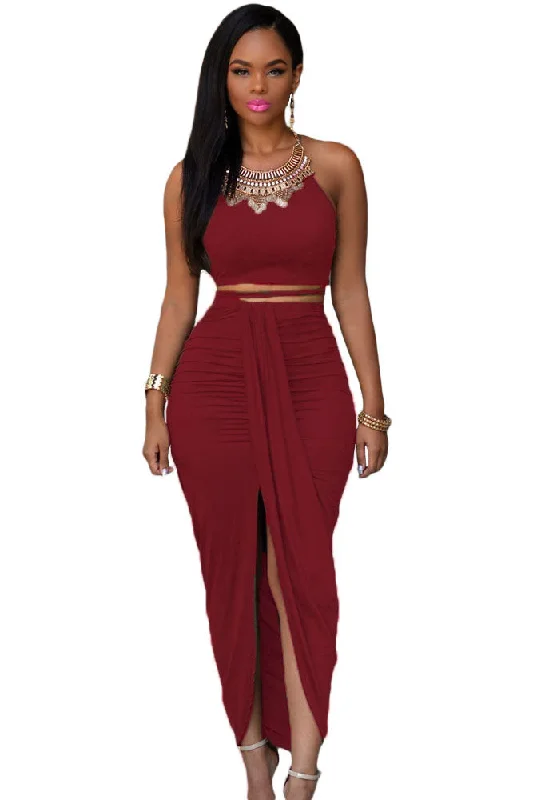 Sexy Date Red Cotton Two Piece Maxi Skirt Set