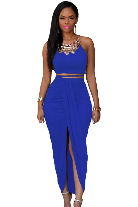 Sexy Royal Blue Cotton Two Piece Maxi Skirt Set