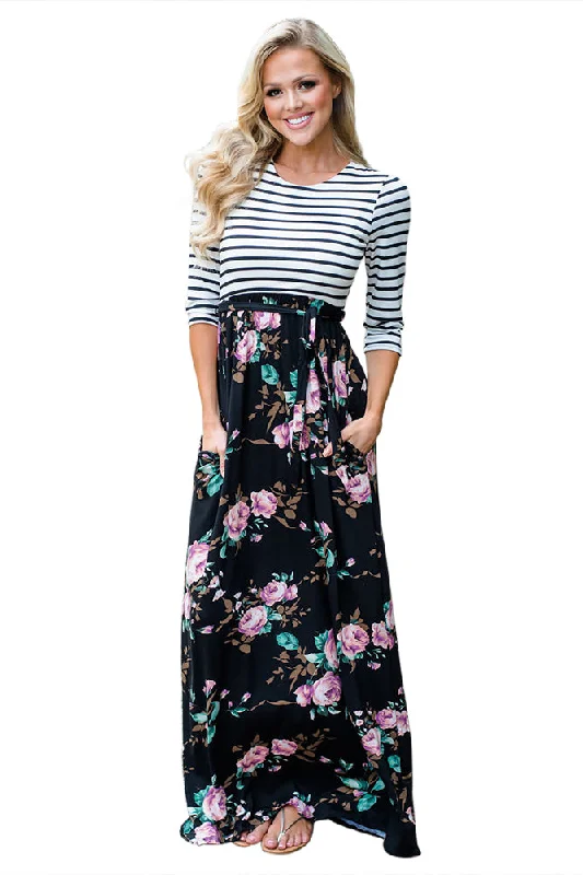 Sexy Striped Black Floral Skirt Maxi Dress with Tie Waist