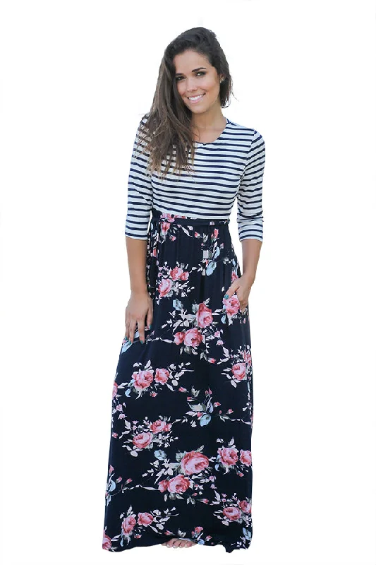 Sexy Striped Navy Blue Floral Skirt Maxi Dress with Tie Waist